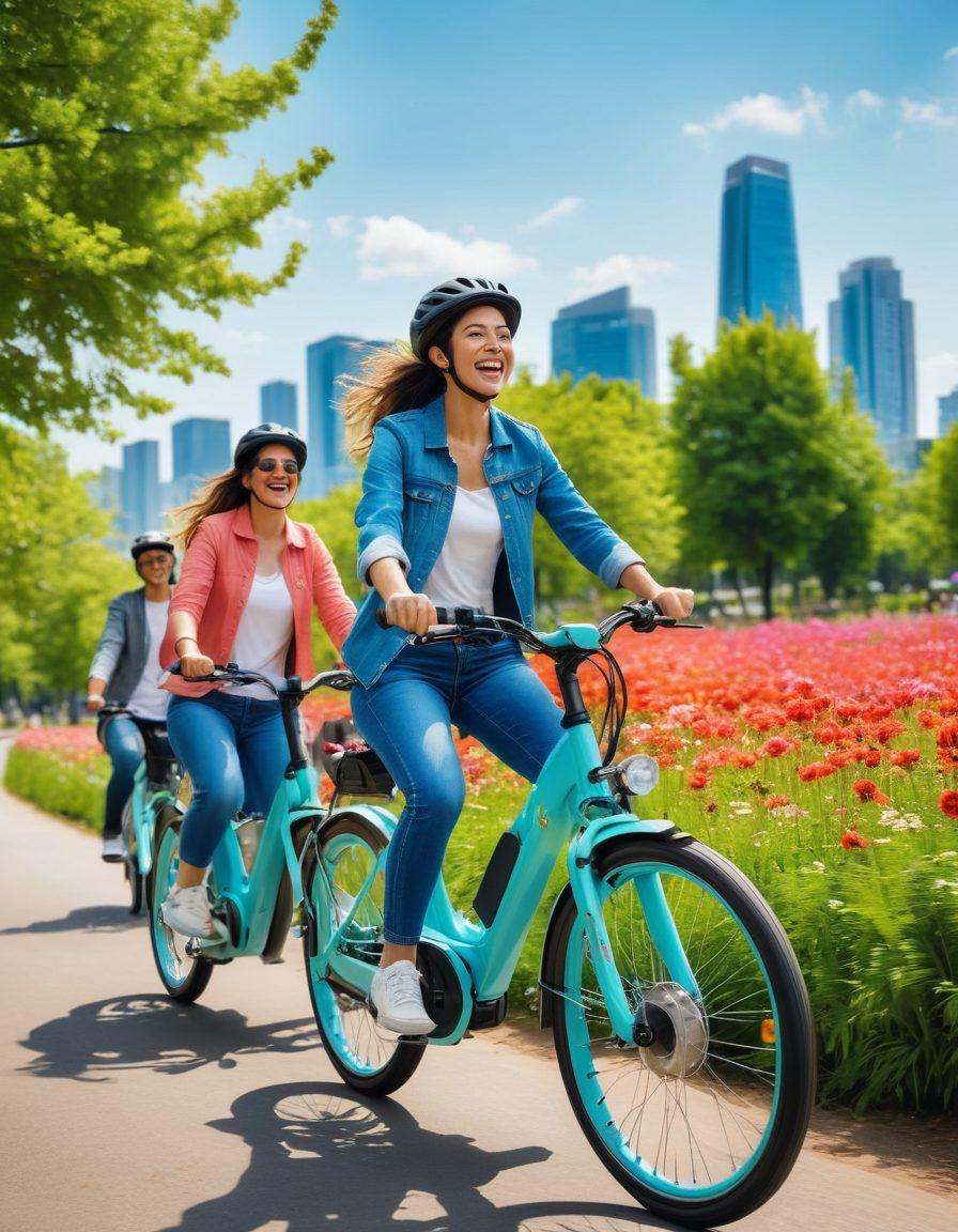 A vibrant scene of a diverse group of people joyfully riding electric bikes through a picturesque park filled with blooming flowers and lush greenery. In the background, a clear blue sky and a city skyline hint at a sustainable future. Include colorful electric bikes with eco-friendly designs and happy expressions on the riders' faces. The overall mood should be uplifting and energetic, promoting the joy of embracing electric biking for a greener lifestyle. super-realistic. vibrant colors. 3D.