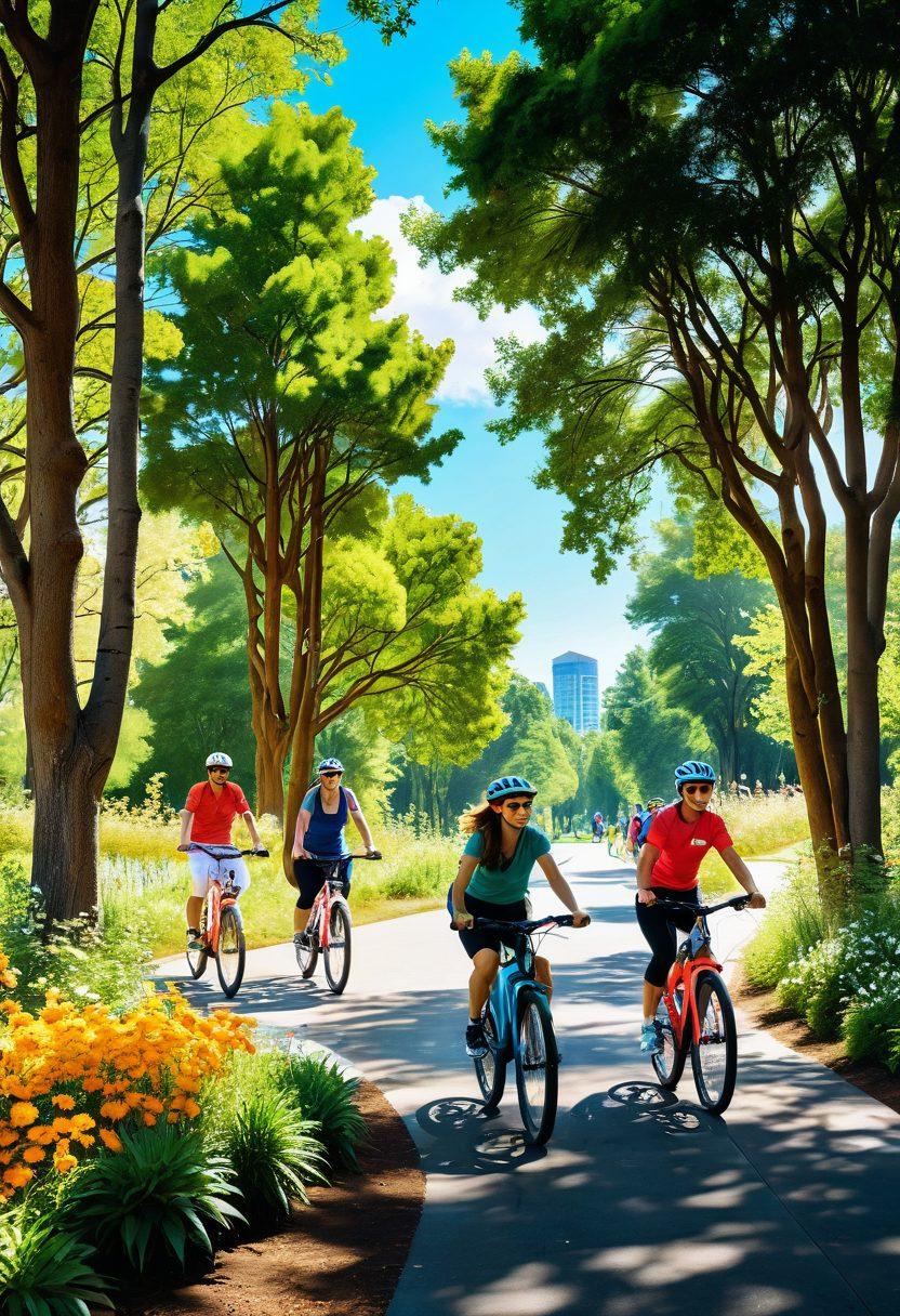 A vibrant scene of diverse individuals riding colorful e-bikes through a lush green park, surrounded by tall trees and blooming flowers. The sun shines brightly, creating a cheerful atmosphere, with a backdrop of a clear blue sky. A few cyclists can be seen wearing fitness gear, highlighting the dual theme of health and sustainability. Elements of eco-friendliness, like solar panels and recycling bins, are subtly integrated into the environment. super-realistic. bright colors. dynamic composition.