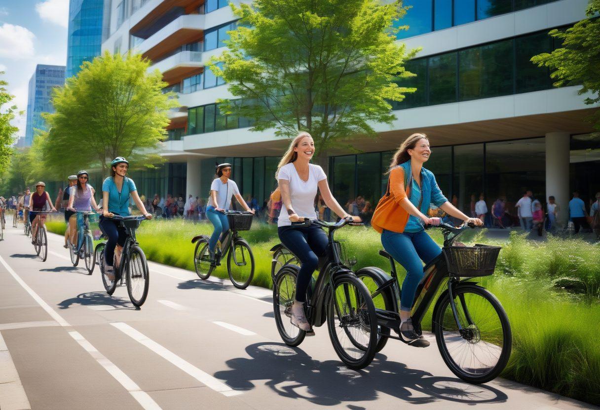 A dynamic urban scene depicting diverse cyclists riding vibrant electric bikes through a bustling city, with green parks and solar panels integrated into the architecture. An electric skyline reflects innovation while pedestrians enjoy the eco-friendly environment, showcasing urban life harmoniously blending with nature. Bright, smiling faces add an element of joy and excitement. super-realistic. vibrant colors. dynamic composition.